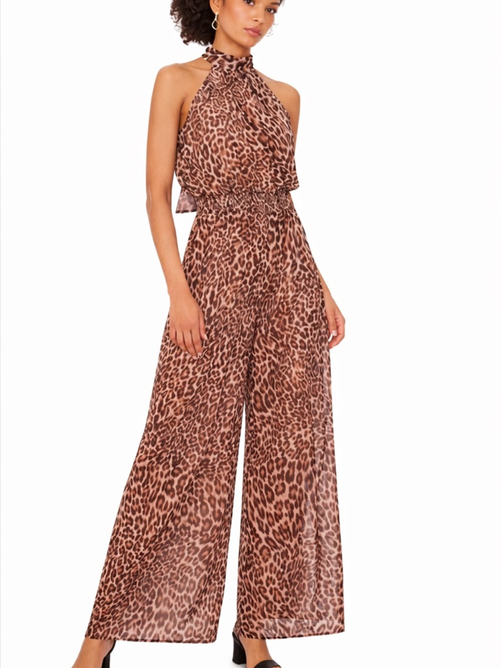 Vince Camuto Leopard Halter Wide-Leg Jumpsuit - Bow Back Zip Lined Size M